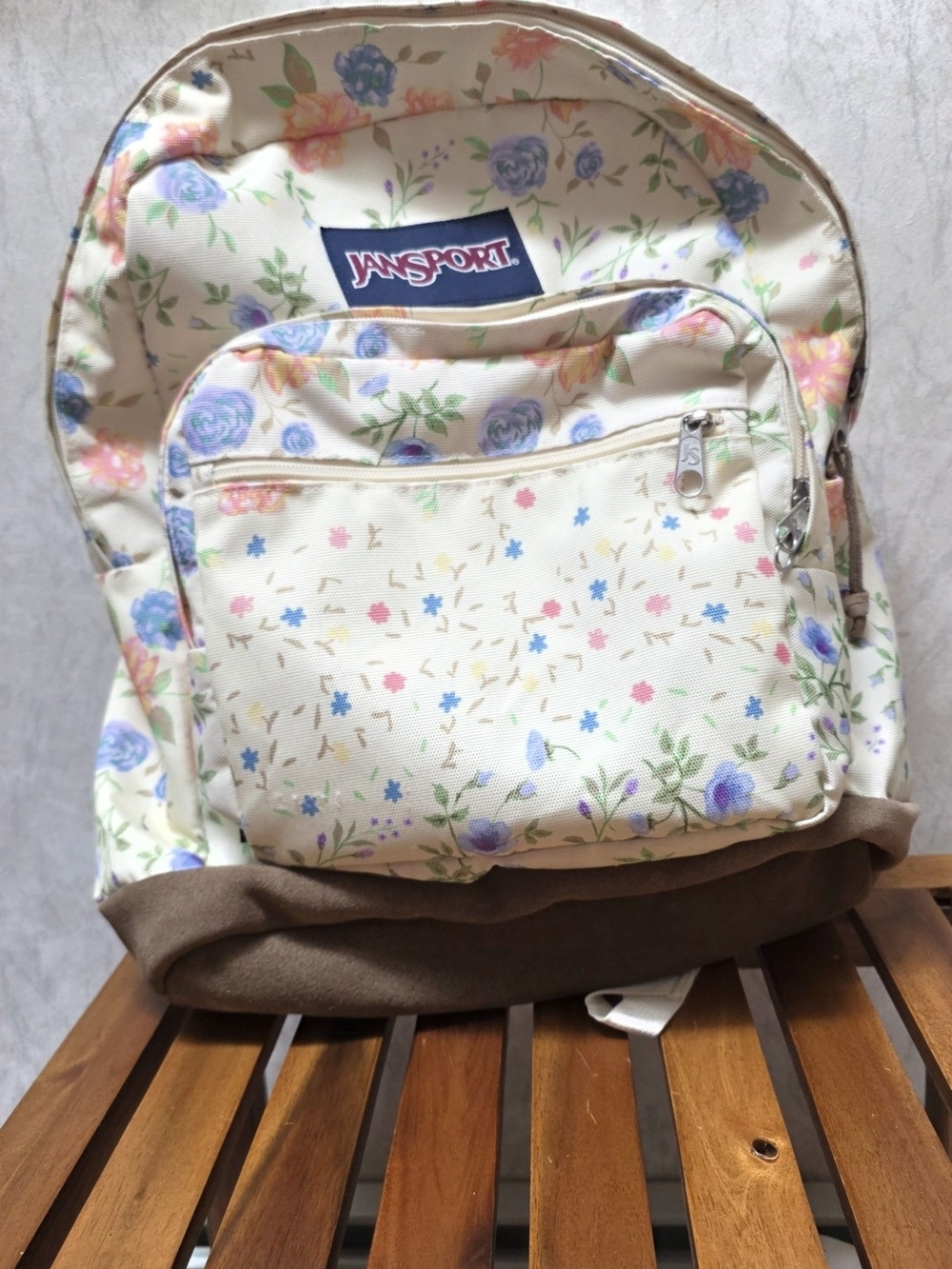 Jansport Cream Floral Print Backpack with Blue & Pink Accents